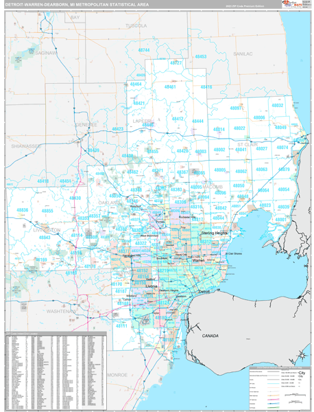 Detroit-Warren-Dearborn, MI Metro Area Wall Map